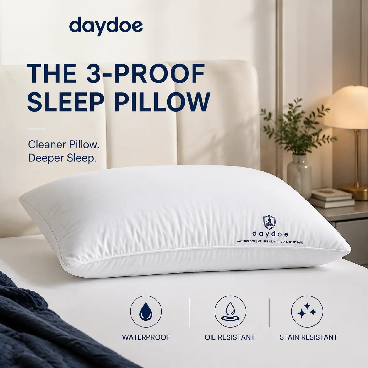 Daydoe 3-in-1 Clean Sleep Pillow – Waterproof, Oil-Proof & Stain-Resistant Premium Pillow, Available in Low/Medium/High Loft Options for Stomach, Back & Side Sleepers, Stay Fresh & Clean for Longer