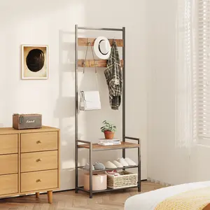 HOMEKOKO Coat Rack with Shoe Storage, 3-in-1 Design Hall Tree Storage Bench for Entryway, Wood Look Accent Furniture with Metal Frame