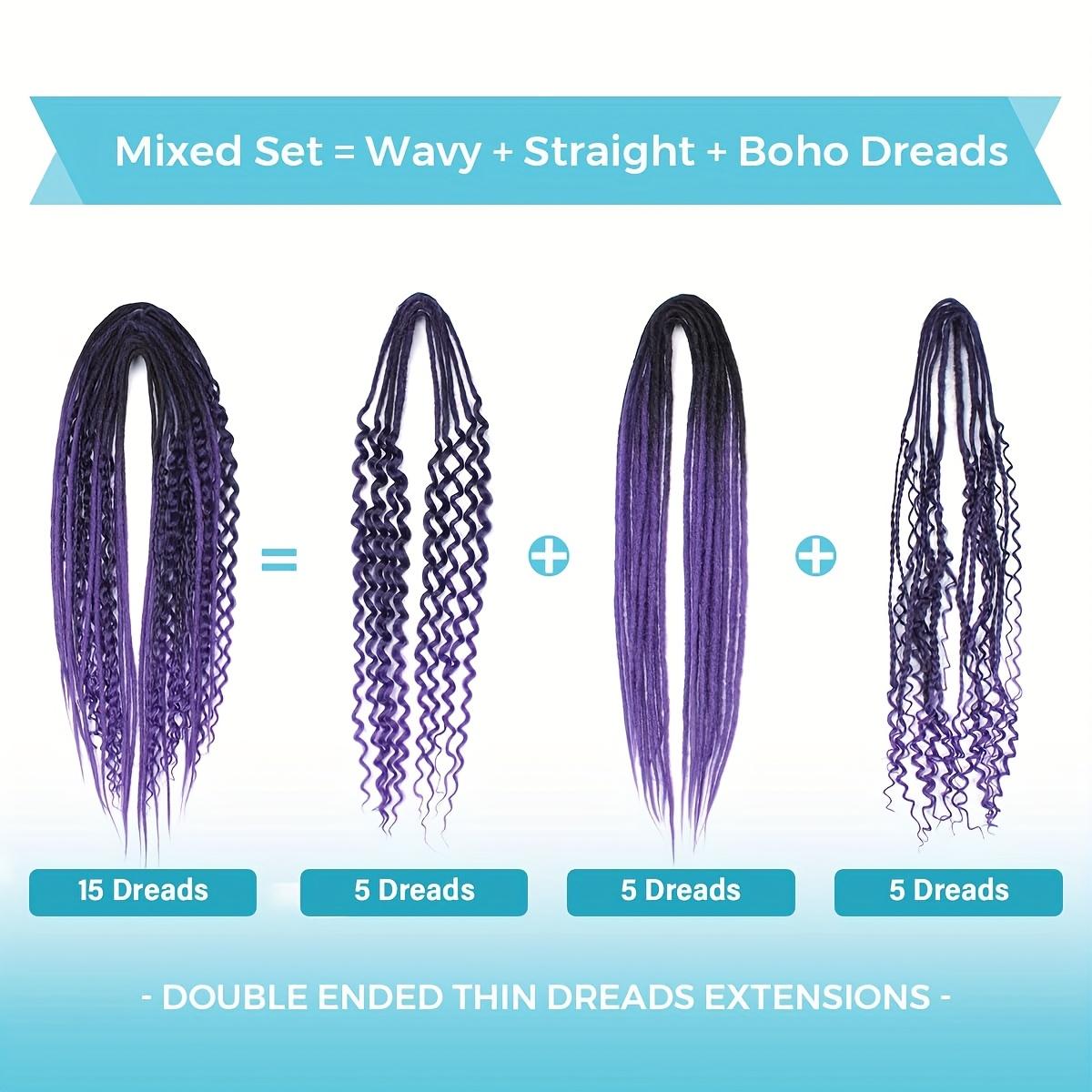 15Pcs Mixed Double Ended Dreadlock Extensions 24 Inch, Handmade Boho Hippie Style Straight & Curly Dreads Hair Extensions for Women