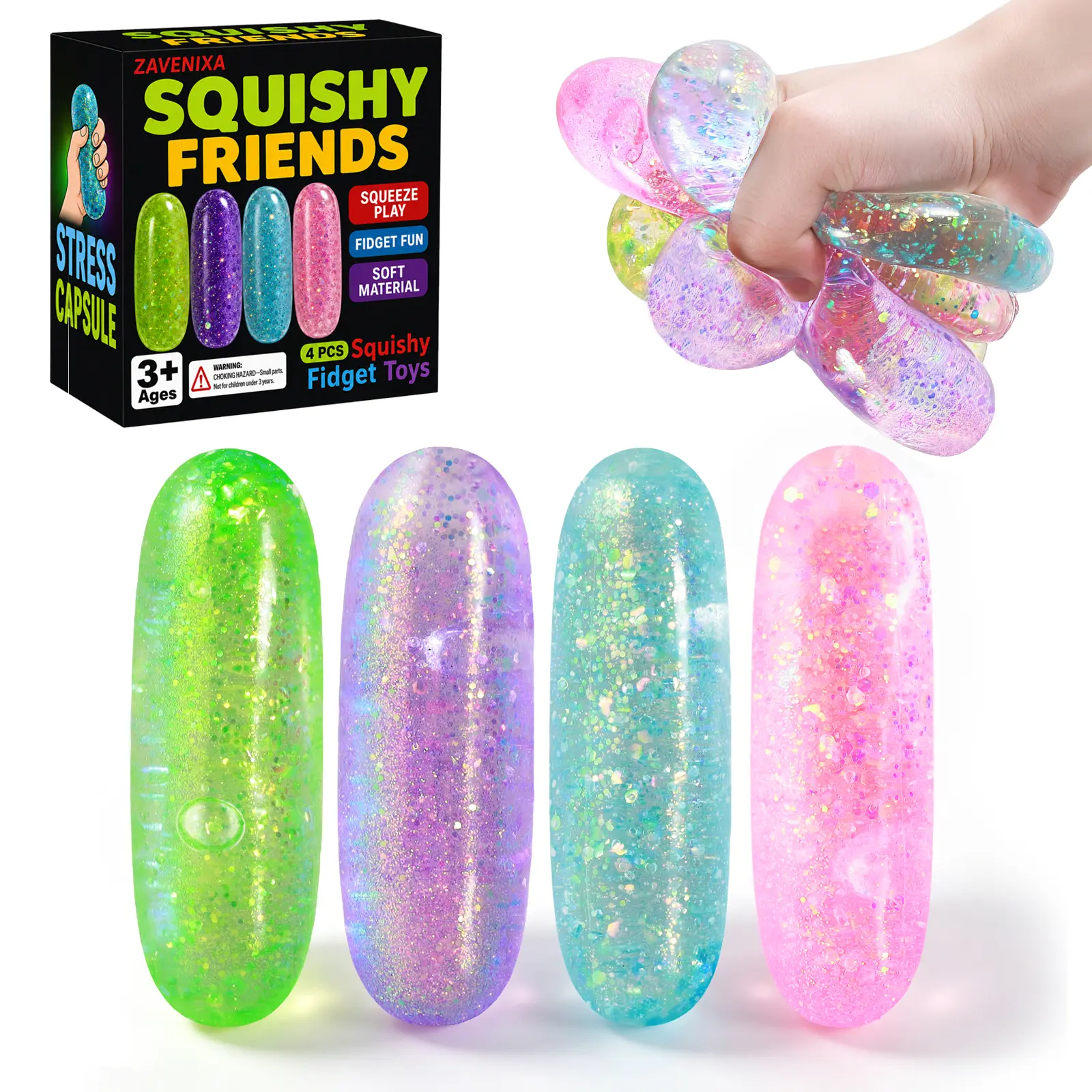 4 Pcs Squishy Stress Capsule Toys, Glitter Sensory Fidget Toys for Kids & Adults, Soft Slow Rising Squeeze Toys for Stress Relief, Classroom Prizes, Party Favors, Christmas Birthday Gifts