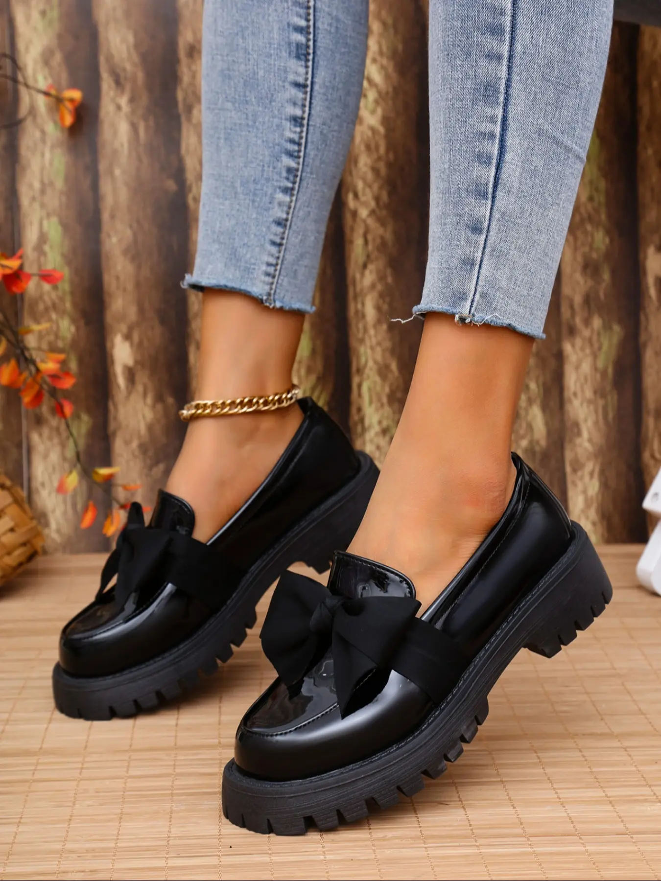 Women's Fall New Round Toe Thick Sole Low Top British Style Bowknot Slip-On Casual Shoes, Casual Trendy Flat, Comfortable Plain Pu Leather Loafers