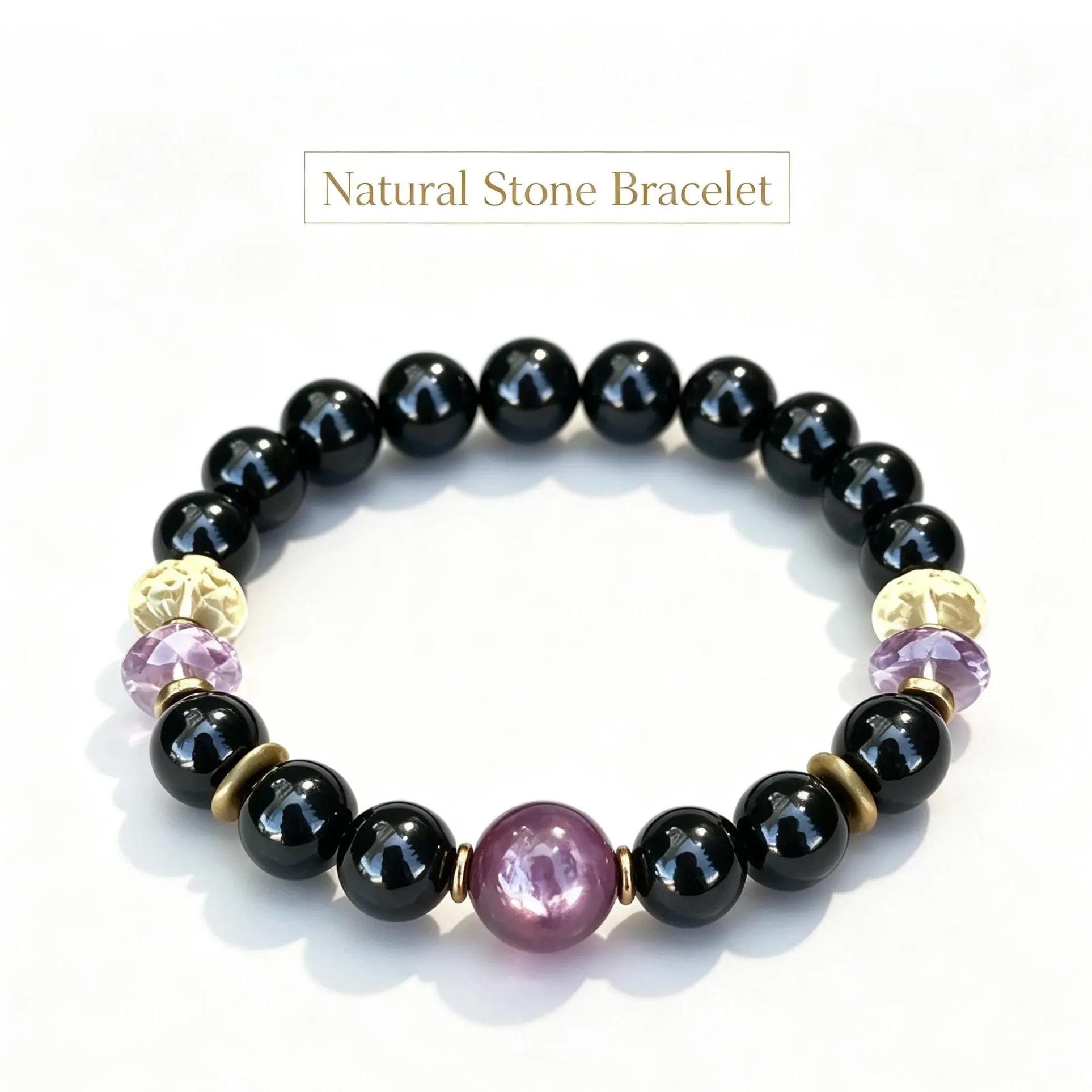 Unisex 8mm Natural Gemstone Beading Bracelet - Obsidian, Amethyst, Citrine Beads, Retro Bohemian Style, Black Purple Design, Fashion Costume Jewelry for Daily Wear, Dating