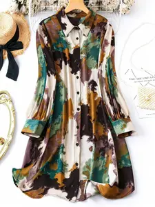 Elegant Casual Satin Woven Blouse Shirt Dress for Women, Long Sleeve Fitted Design, Watercolor Colorblock Print, Single Row Buttons, All Seasons Wear Womenswear