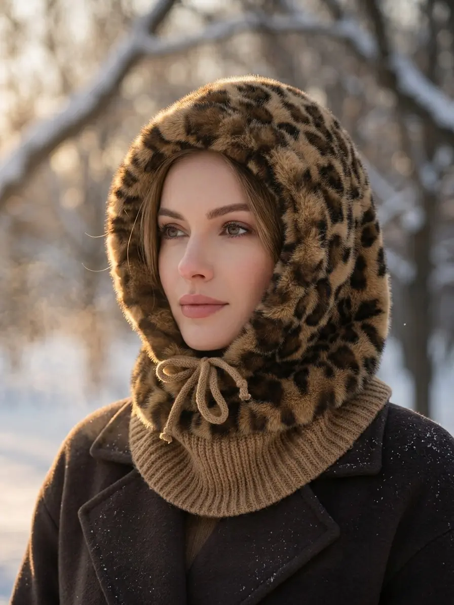 Women's Leopard Print Balaclava Hat, Thick  Adjustable Drawstring Winter Windproof Face Cover Neck Warmer for Skiing, Cycling and Outdoor Activities