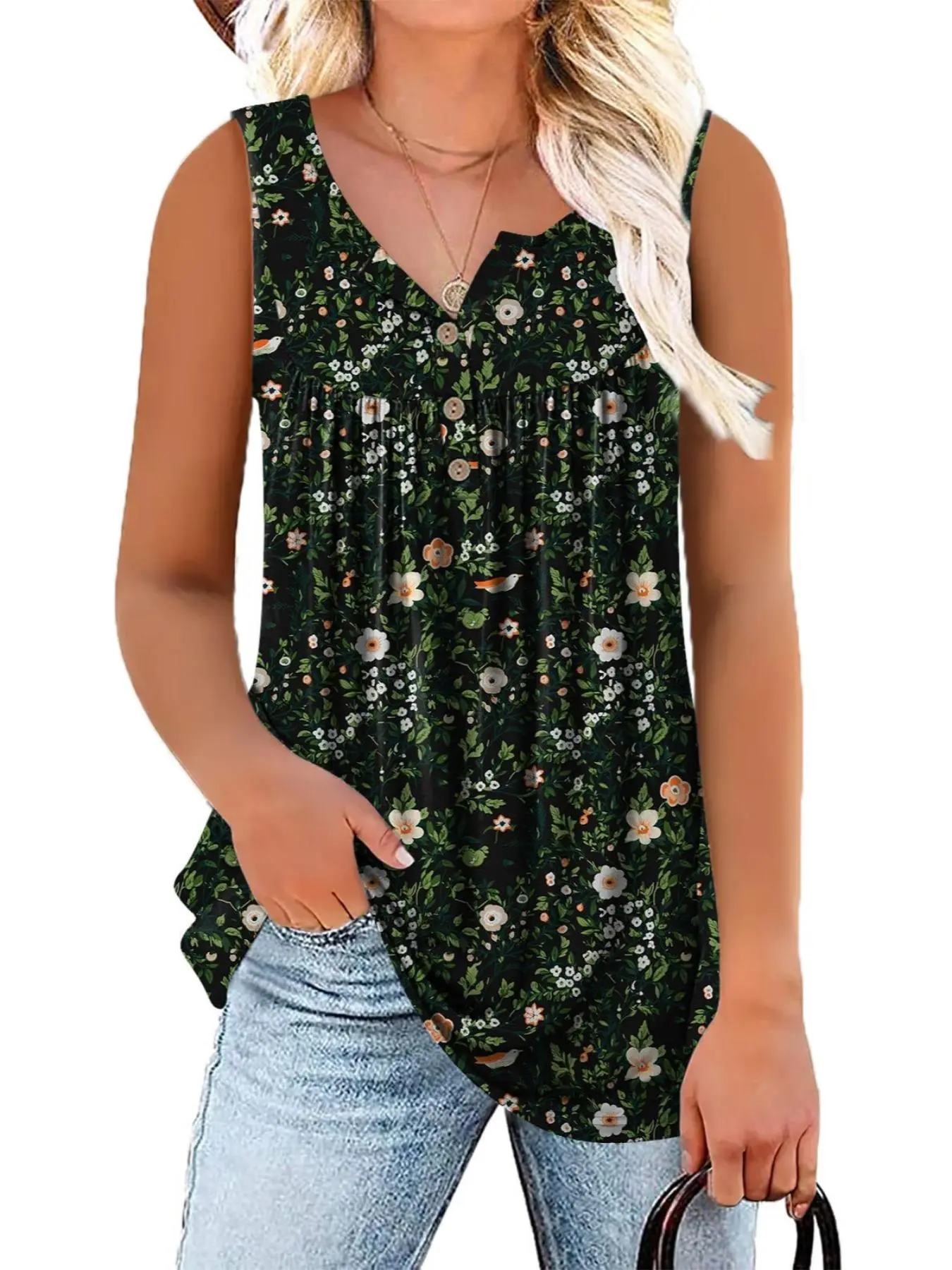 [Plus Size] Floral Print Knit Fabric Light Loose Top, Sleeveless Summer Blouse, Women's Plus Clothing for Daily Wear, Beach Tank Top
