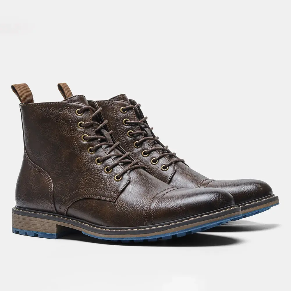 Men's Vintage Combat Boots Lace-Up Cap Toe Ankle Booties with Pull Tab Non-Slip Sole