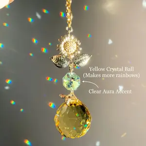 Hangable Crystal Sunflower Bee Sun Catcher Ornament - Golden Flowers, Yellow Crystal Glass, New Year & Christmas Gift, Fairy Tale Home Decor Hanging Accessory for Car Rearview Mirror Pendant