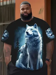 Men's Plus Size Wolf Pack T-Shirt, Realistic Wolf Full Moon Print, Large Round Neck Short Sleeve, Casual Outdoor Wear, Menswear Streetwear