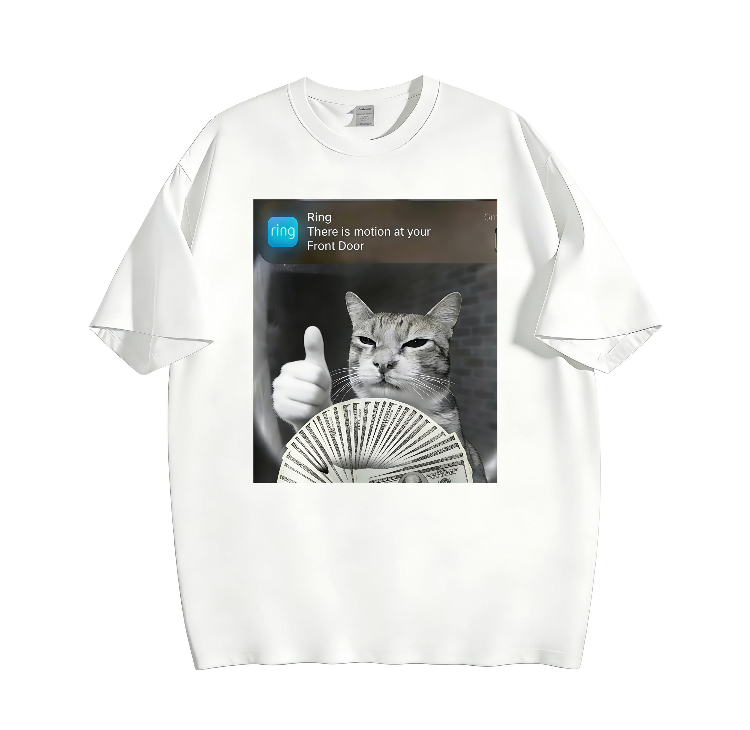 Ring Doorbell Motion Rich Cat Meme Crack-Resistant Heat Transfer Print Unisex T-Shirt | Funny Thumbs Up Cash Cat Graphic Tee | 180g Premium Cotton Fade-Resistant All Season Casual Streetwear Top for Men Women