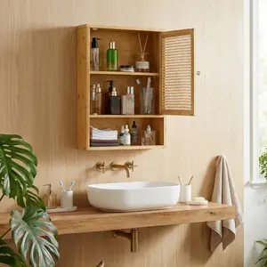 Bathroom Wall Cabinet, Medicine Cabinets, Storage Bamboo over Toilet Hanging Cabinet with Rattan Doors and Adjustable Shelf, Wall Cabinet Storage for Bathroom, Kitchen, Laundry, Living Room, Natural/White