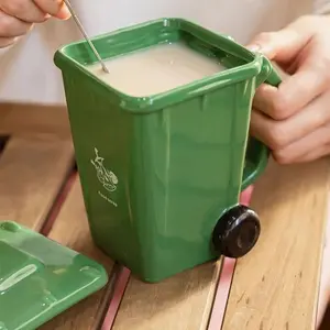 Creative Trash Can Cup with Spoon, Ceramic Drinking Mug, Birthday Gift Idea, Funny Cup for Best Friend, Unique Present