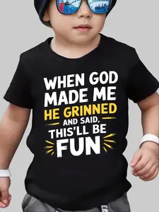 Toddler "When God Made Me He Grinned" Humorous T-Shirt, Faith-Inspired Cotton Tee, Black Casual Top