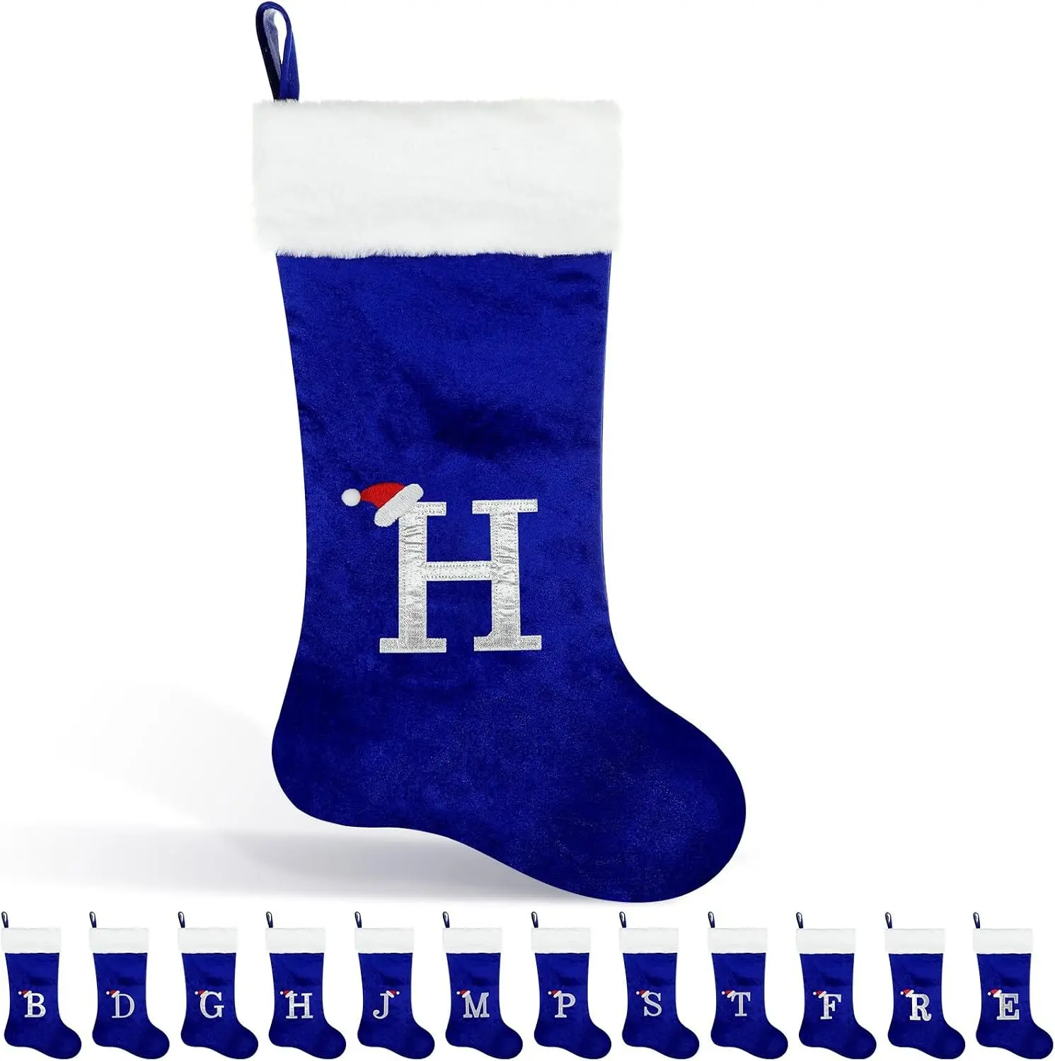 22 Inches Monogram Christmas Stocking with Embroidered Initial Soft Velvet with White Plush Cuff Xmas Stockings for Christmas Holiday Fireplace Decoration Gifts (H Letter, Blue)