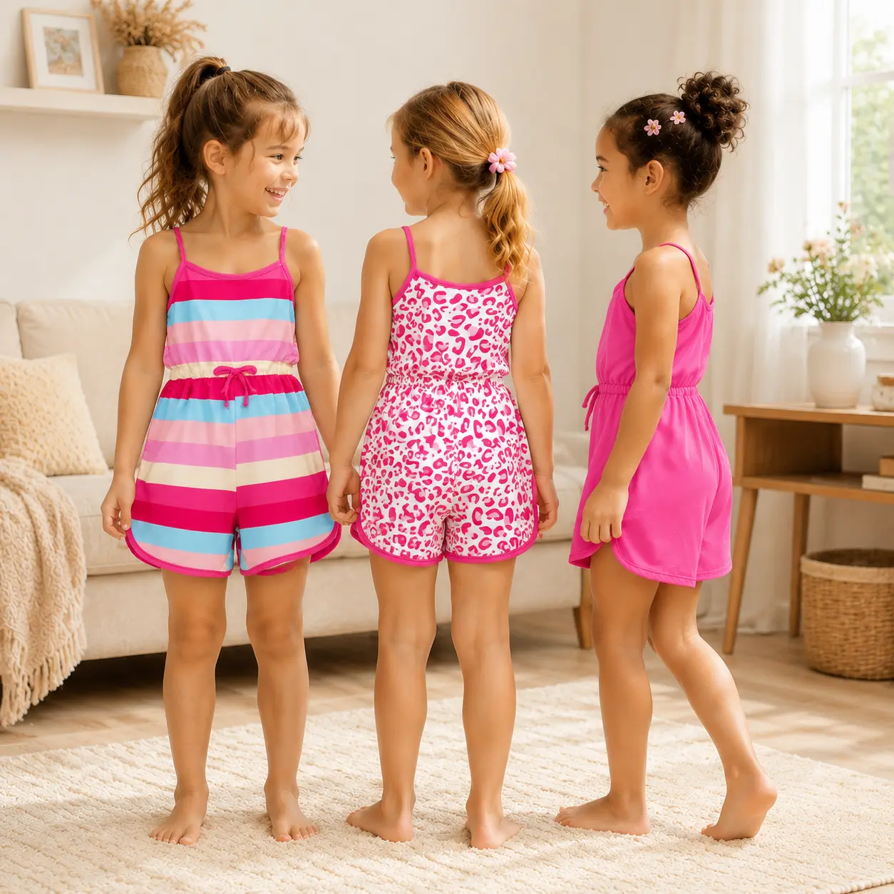 3-Pack Girls Summer Rompers for 4-7 Years | Cute Leopard Print, Vibrant Stripe & Solid Fuchsia Playsuits | Comfy Sleeveless Casual Outfits