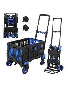 Foldable Hand Truck Dolly With Foldable Basket, 2 In 1 Convertible Collapsible Handtruck Dolly With Retractable Handle, Portable Grocery Shopping Cart For Home Warehouse