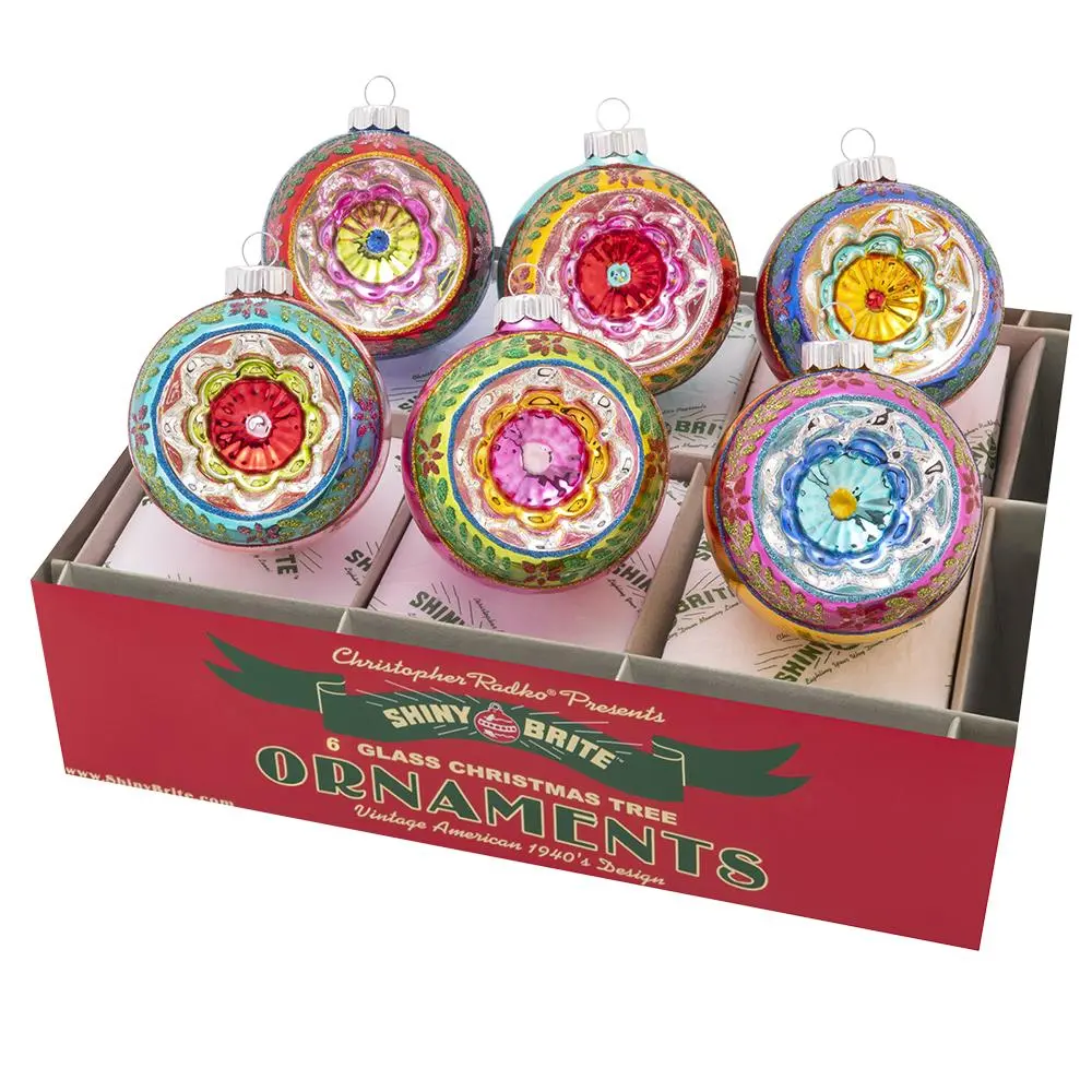 Retro Christmas Confetti Decorations, 6-Count 3.25" Decorated Reflector Rounds, Floral Ornaments for Festive Home Party Decor