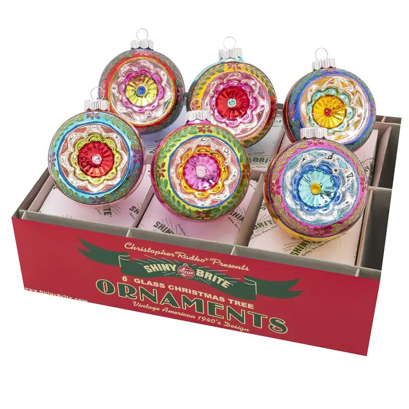 Retro Christmas Confetti Decorations, 6-Count 3.25" Decorated Reflector Rounds, Floral Ornaments for Festive Home Party Decor