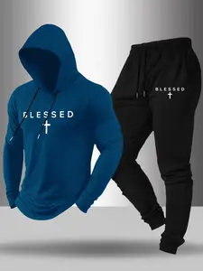 Men's Blessed Cross Print Hoodie Long Sleeve T-Shirt and Pants Set, Faithful Drawstring Sportswear, Casual Streetwear 2-Piece#BlessedCrossTracksuit #FaithBased2PieceSet#ReligiousStreetwear #TikTokFashion