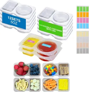 12 Sets  Compartment Condiment Container with Lids - Disposable Double Small Plastic Snack Containers for Sauces, Meal Prep, Salad Dressing