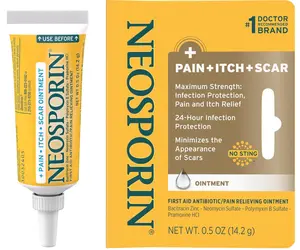 Neosporin + Pain, Itch & Scar, First Aid Triple Ointment for Infection Protection and Wound Care with Maximum Strength Pain and Itch Relief, Helps Minimize The Appearance of Scars, .5 oz