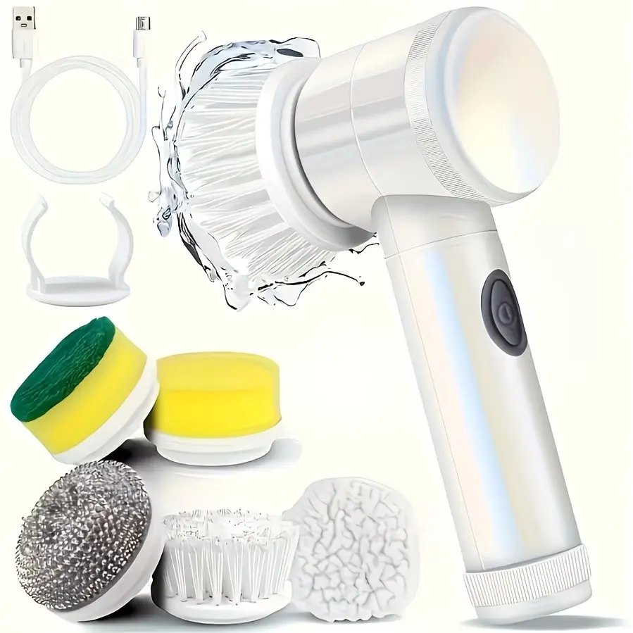 5-in-1 Wireless USB Rechargeable Electric Multi-Cleaner with 2pc Replaceable Detailing Brush Heads, Portable Handheld Household Cleaner, 500mAh Lithium Battery, USB Cable Included, White (for Bathroom, Kitchen), Cleaning Brush, Interchangeable Heads