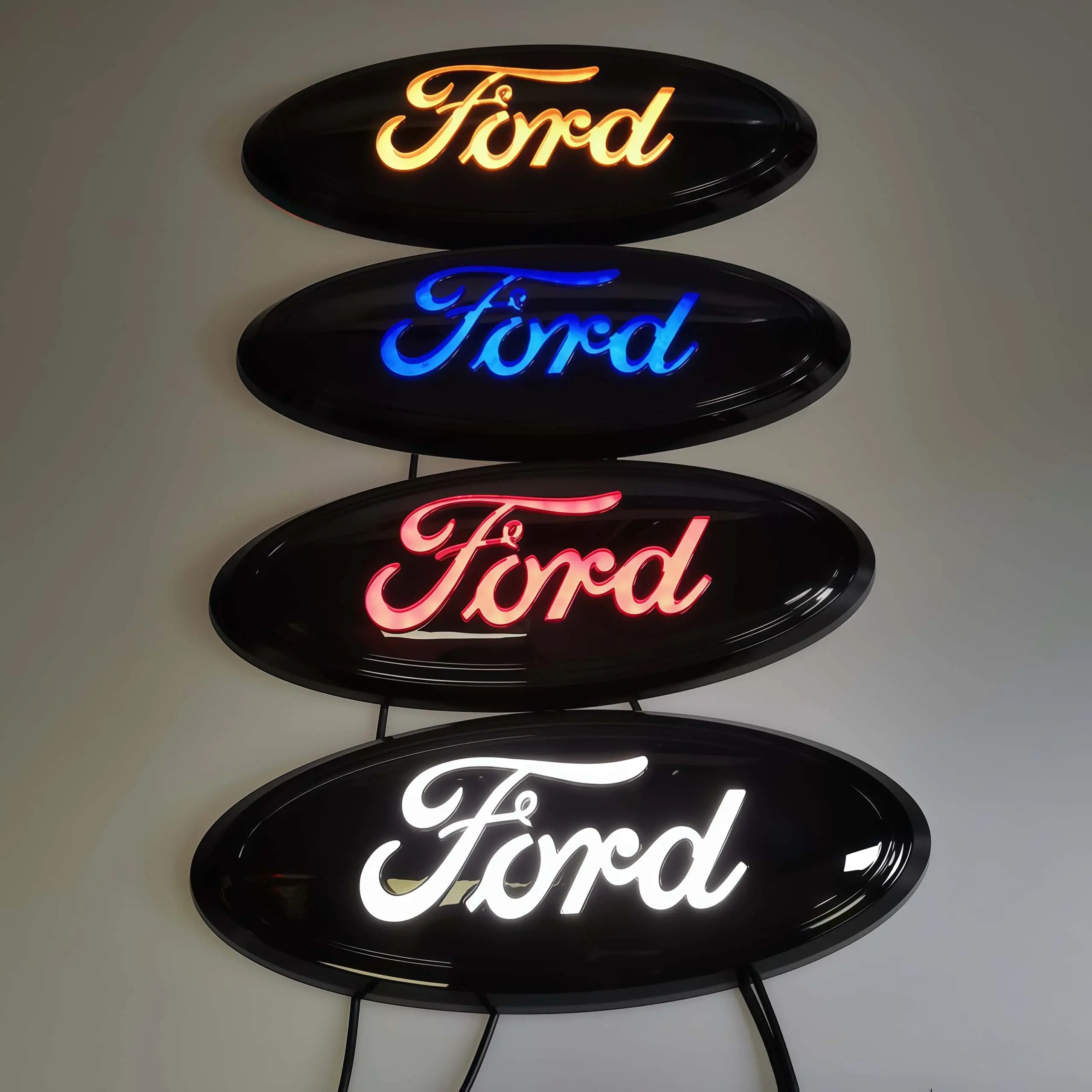 LED Luminous Ford Front Oval Badge Decor, 4 Light Shades White/Blue/Red/Yellow Glowing Logo Ornament, Fit Ford Pickup & Family SUV Models