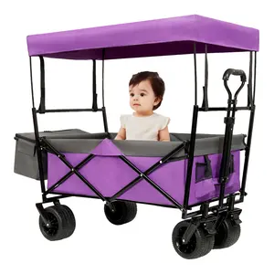 480Lbs Collapsible Wagon with Canopy,Wagon Stroller with 7" All-Terrain Wheels, Lightweight Foldable Wagon, Large Capacity for Camping, Shopping, Sports, and Garden Use,purple with mosquito net beach