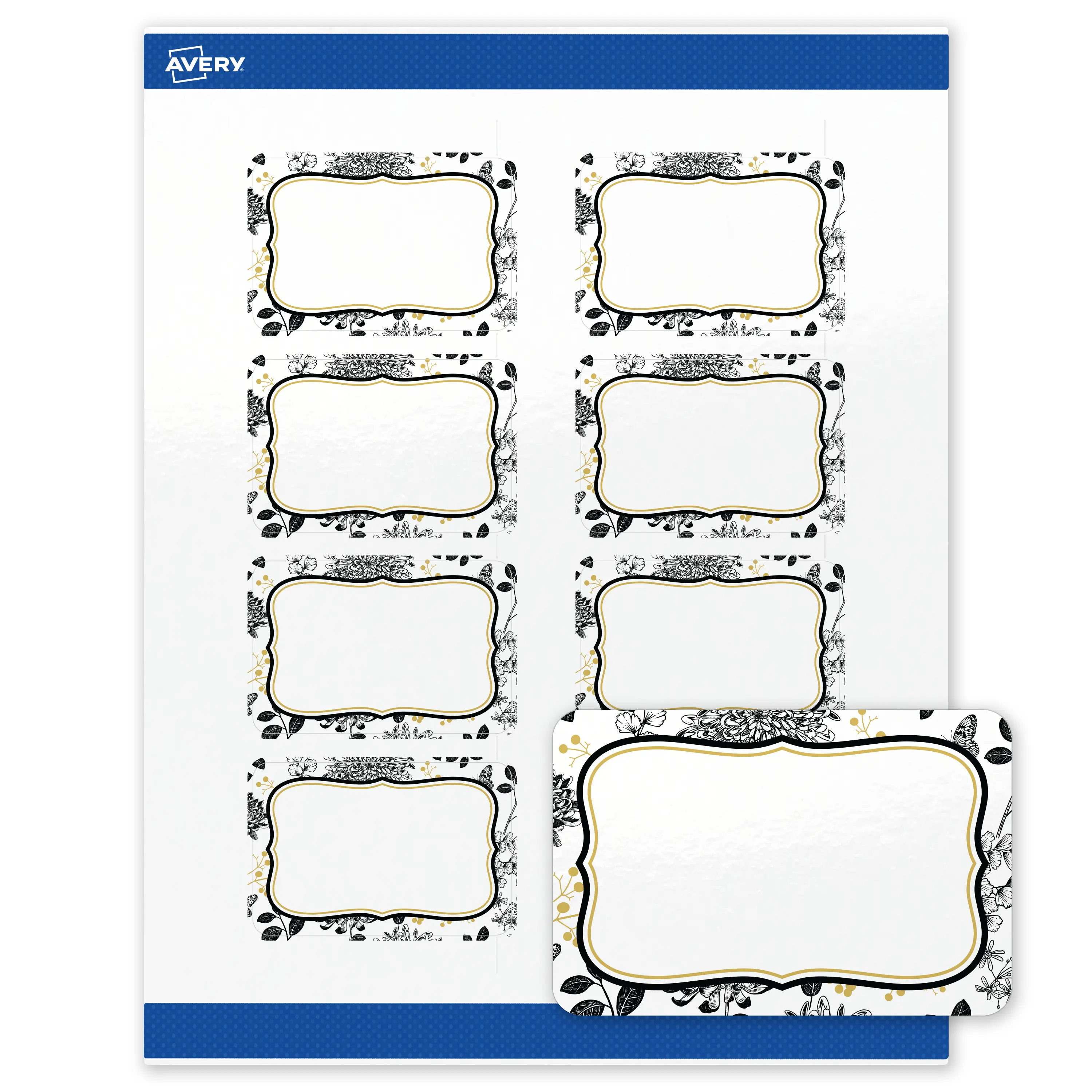 Avery Printable Rectangle Labels, 2" x 3", Glossy White, Pre-printed Flourished Gold & Black Florals Design, Sure Feed Technology, Laser & Inkjet Compatible, 160 Total