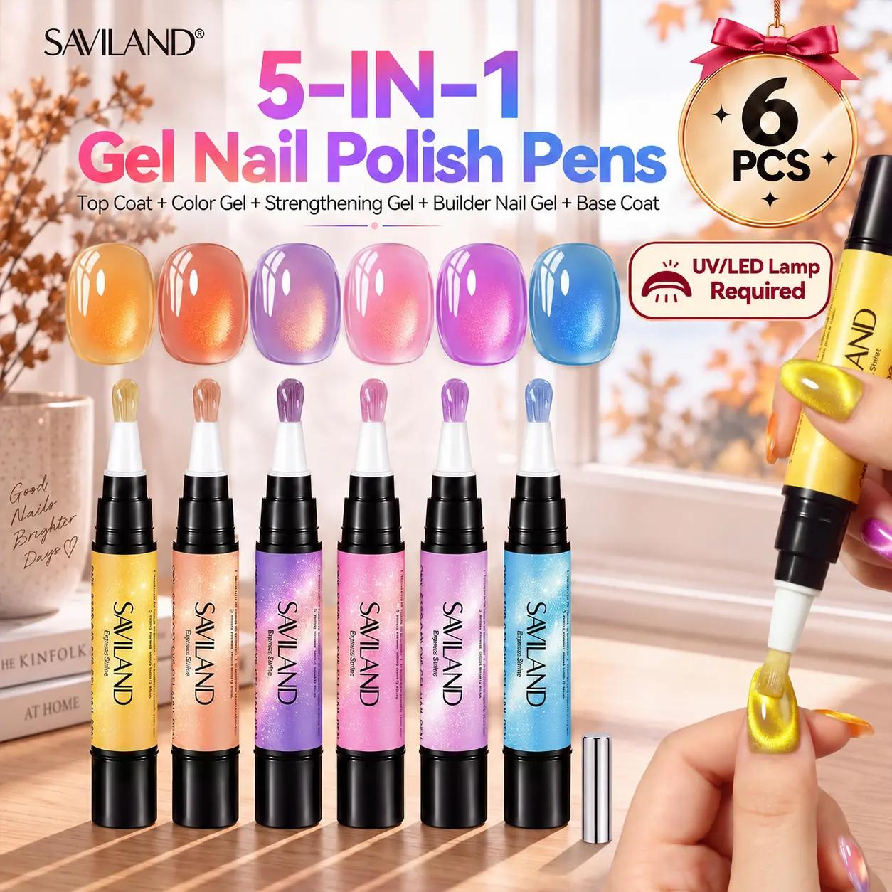 SAVILAND Gel Nail Polish Pen Set, 5-in-1 One Step Gel Pens, Shimmer & Cat Eye Color Options for DIY Manicure, UV/LED Lamp Required