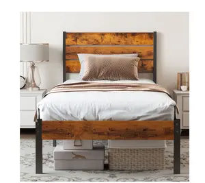 Twin Size Metal Bed Frame with Industrial Wooden Headboard, Ample Storage, Noise-Free Design, Sturdy Steel Slat Support, Rustic Brown