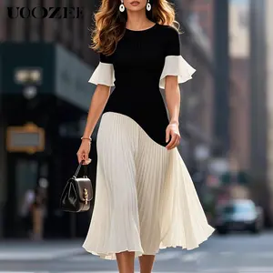 UOOZEE French elegant black and white contrasting dress, fashionable round neck flared sleeves, waist cinching slimming pleated skirt, niche temperament mid length skirt