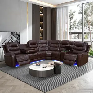 Lifestyle Dark Red Breathing Leather 3-Piece Living Room Recliner Sofa Set with LED Lighting and Storage