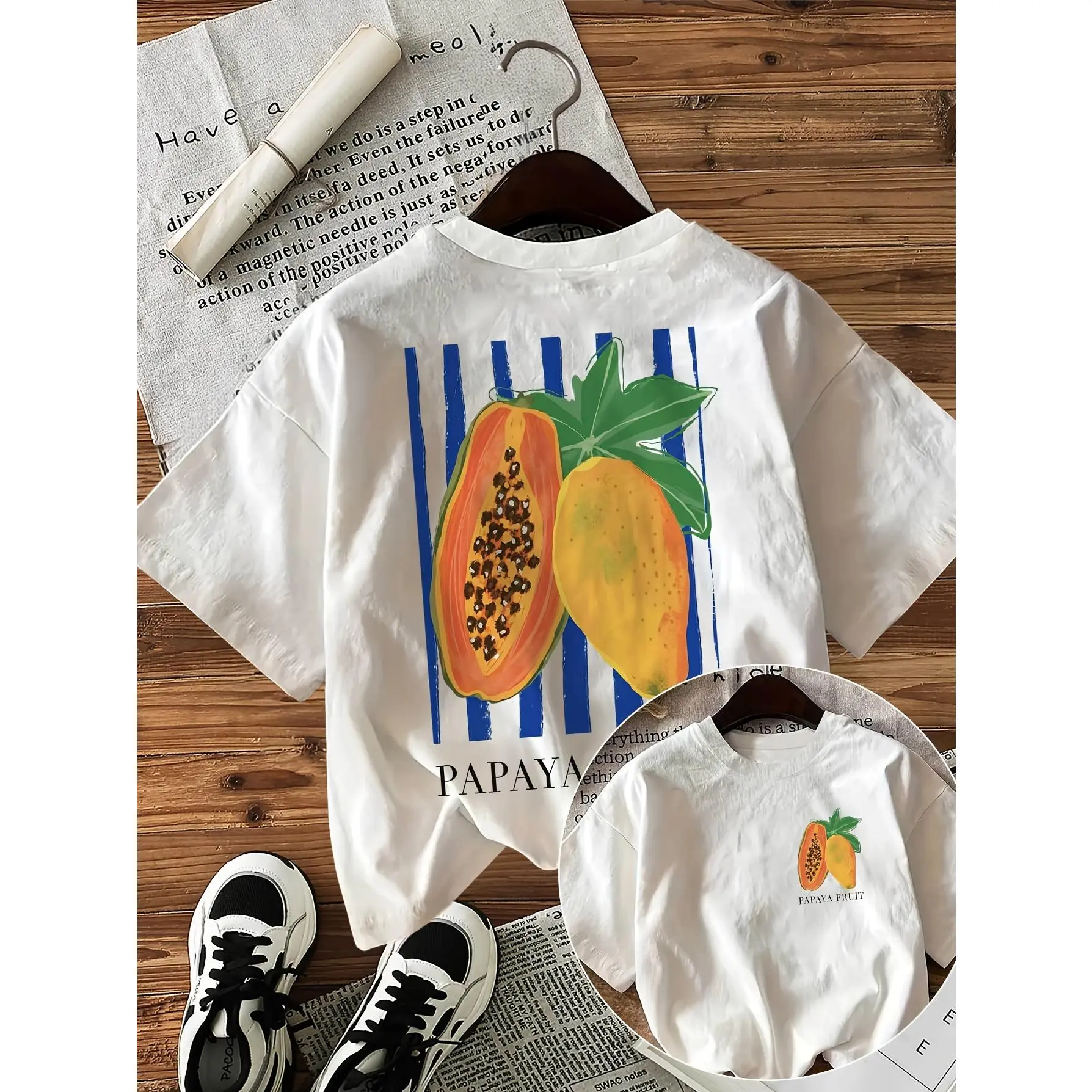 Papaya Fruit Graphic Tee Women Oversized Short Sleeve Crewneck Summer Casual Cute Trendy Streetwear Soft Cotton T Shirt Vacation Beach Outfit