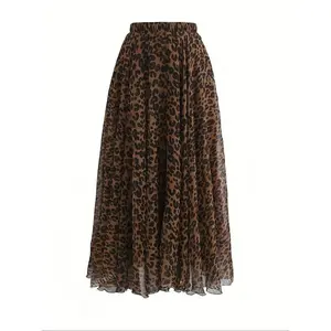 Women's leopard print elastic waist A-line skirt, elegant slim fit skirt, woven fabric, suitable for all seasons, medium thick, leopard print skirtRAIMENTRY