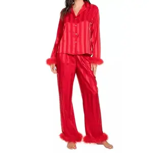 Women's Bridal Feather Trim Silk Satin Pajama Set Long Sleeve Lounge Sets Sleepwear，Women's Silk Pajamas Sets Satin Fuzzy