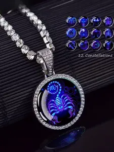 1pc Zodiac Signs Glass Dome Rhinestones Pendant Chains Necklace | 12 Constellations Aries Scorpio Leo Virgo Pisces Capricorn for Men and Women Astrology Fashion Jewelry Party Birthday Gift