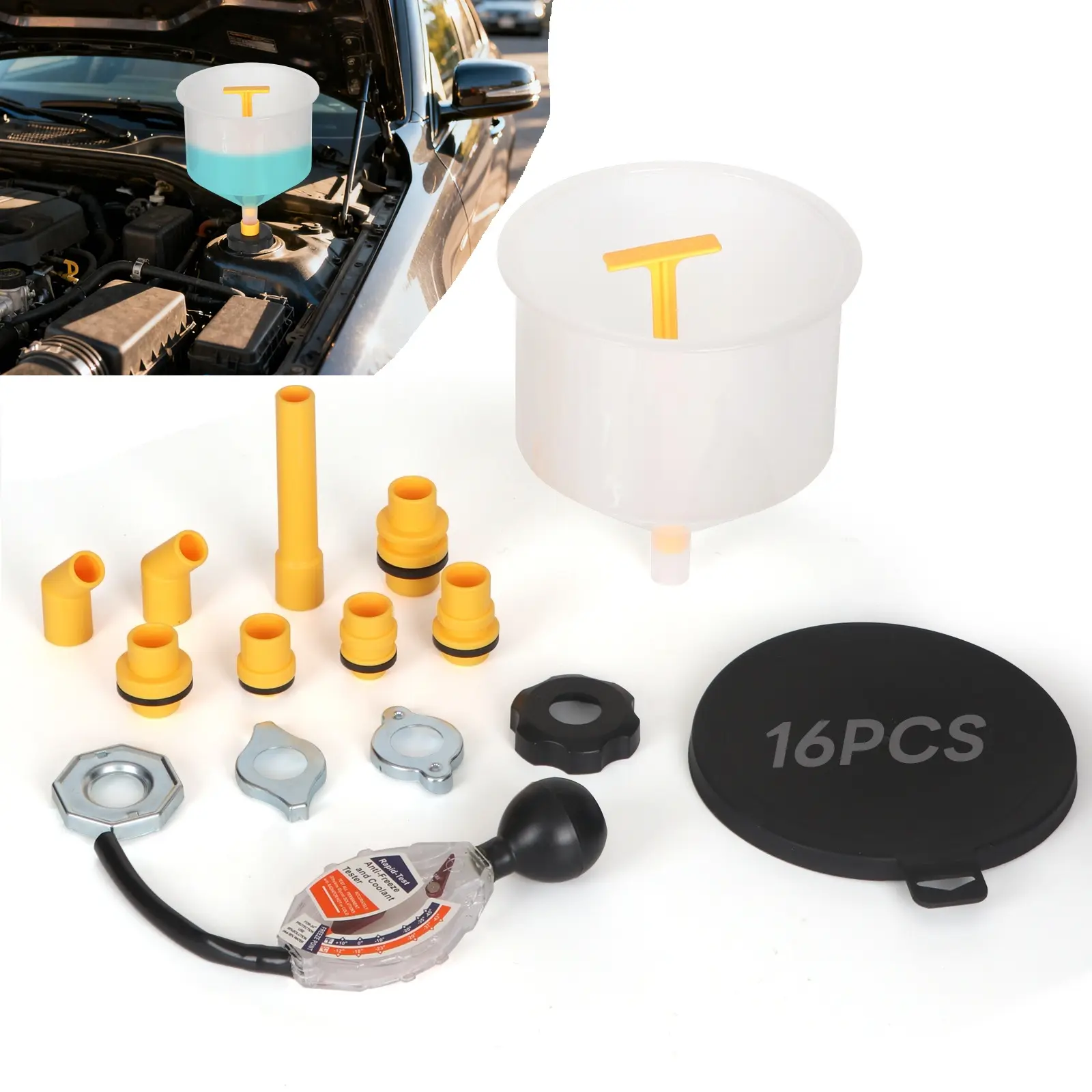 Spill-Free Coolant Funnel Kit with Antifreeze Tester - 16pcs No-Mess Radiator Bleeding & Refill Set - Universal Adapters for Ford, GM, Honda, Toyota - Car Winterizing Tool for Air Pocket Removal