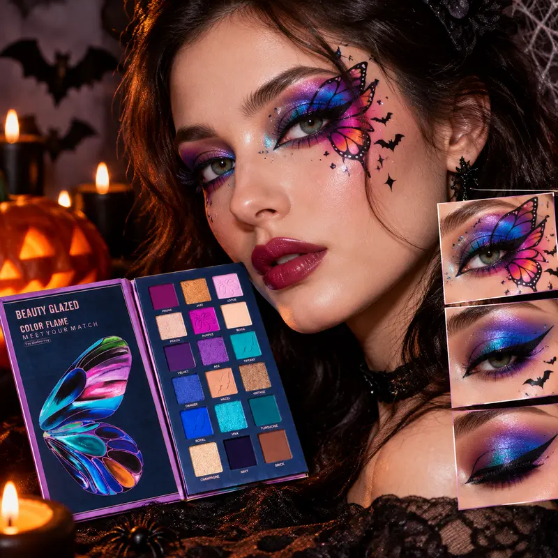 Beauty Glazed Halloween Butterfly Cosmetic Eyeshadow Palette - 18 Assorted Shades Kit with Sparkling Pressed Glitter, Shimmer Glitter Pigment, Matte Finish, Added Minerals, Vegan, Highly Pigmented, Long-Lasting, Blendable for Costume Looks