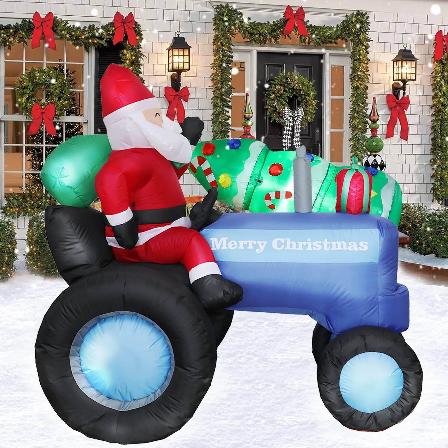 5.4FT Eye-Catching Oxford Cloth Christmas Inflatable Santa Claus Driving Tractor with Built-in LED Lights, Outdoor Yard Party Decoration (Home & Festive Supplies)