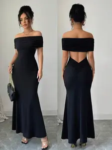✨ Elegant Off Shoulder Backless Maxi Dress With Fitted Fishtail Silhouette, Perfect Party Look.