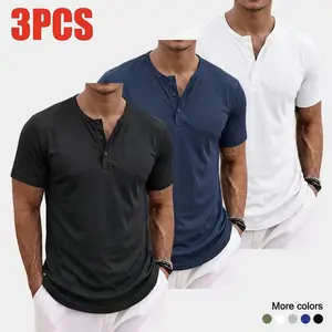 3-Pack Men’s Summer Short Sleeve Henley Shirts – Breathable, stretchy solid-color athletic tops with a half-button design and mesh details, suitable for casual wear or cycling workouts,summervibes