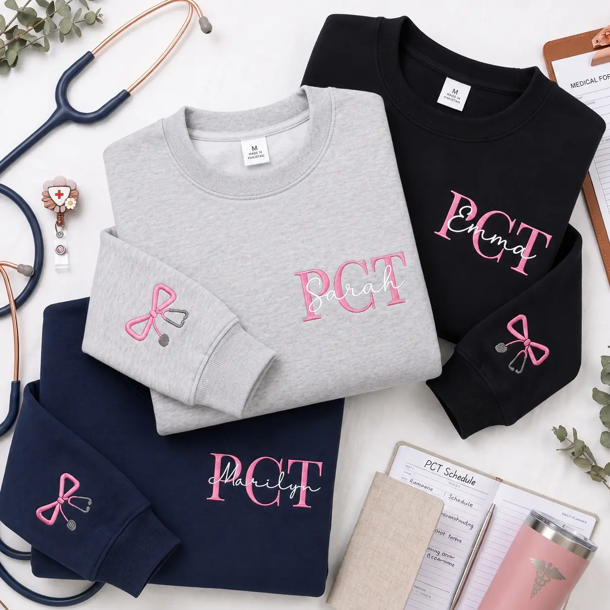 [MAKE IN US] Personalized Medical Embroidered Sweatshirt, Custom Name & Profession Crewneck, PCT EMT RN CNA Nurse Sweatshirt, Healthcare Worker Gift, Medical Staff Gift