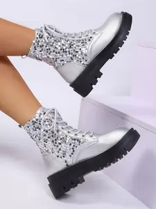 Women's Sparkly Sequin Lace - Up Silver Ankle Boots, Stylish Fashionable Indoor & Outdoor Autumn & Winter Footwear, Female Eye - Catching Glamorous Party & Night - Out Shoes for Festive & Chic Occasions, Girl, Cool Easy - Wear Booties