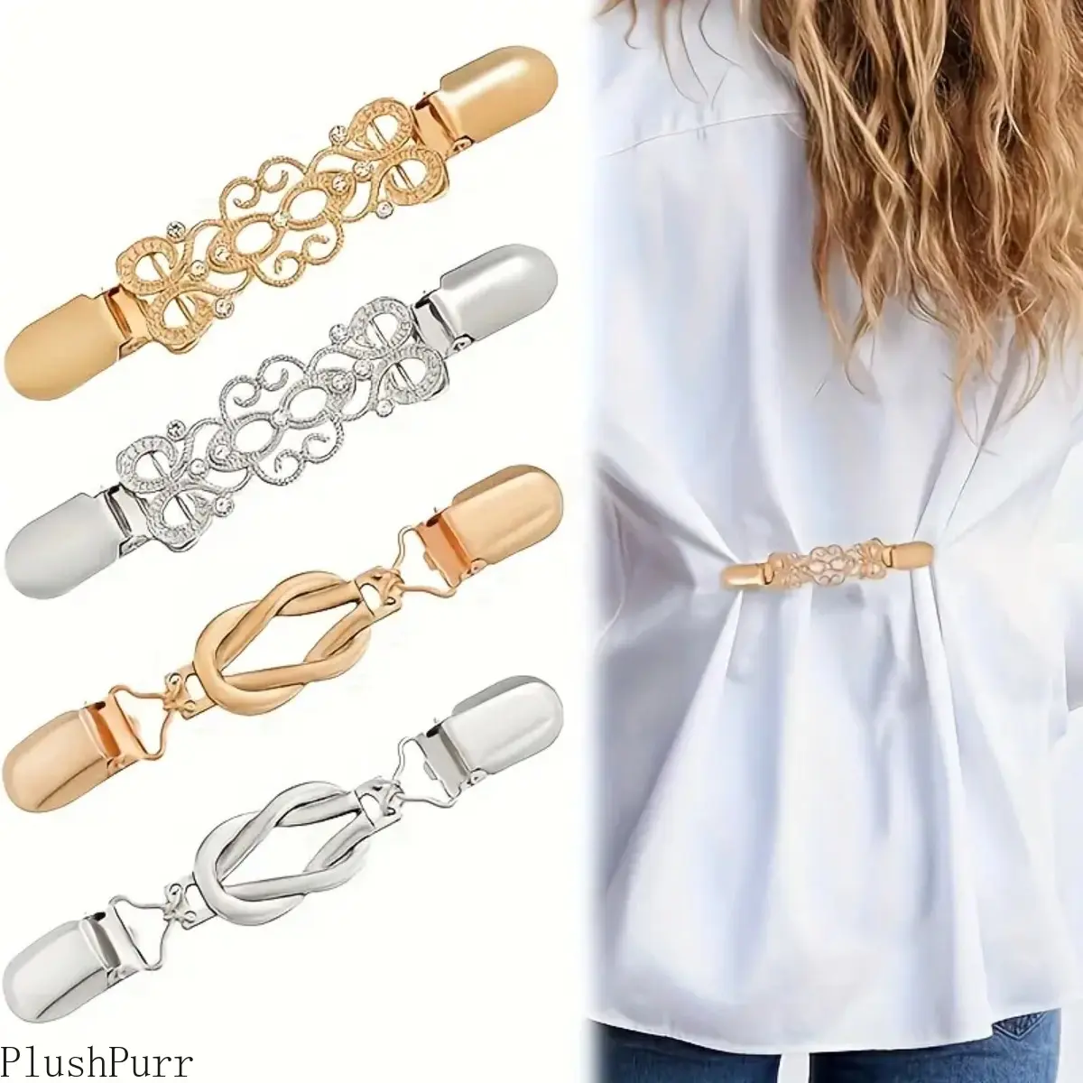 Women's Decorative Bag Hangers, 4-Pack Vintage Spring-Loaded Waist Clip Set, Durable Zinc Alloy with Ornate Styling, Adjustable Year-Round Cinch for Dresses and Sweaters, Fashion, Set Of Four