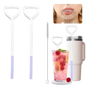 Anti Aging Glass Straws, 2 Pack Heart Shape Design Lip Wrinkle Straws with Cleaning Brush, Eco-Friendly Reusable Drinking Straws for Smoothies & Iced Coffee