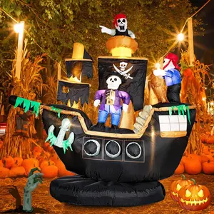 7FT Halloween Inflatable Pirate Ship with Ghost Lighted Halloween Blow Up Yard Decoration for Outdoor Party Garden Lawn