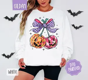 Cherry Jack O' Lanterns Sweatshirt, Trendy Women's Halloween Crewneck