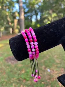 Hot Pink Tie Beaded Bracelet 1pc - Simple Bracelet with Pink Beads and Tie Design