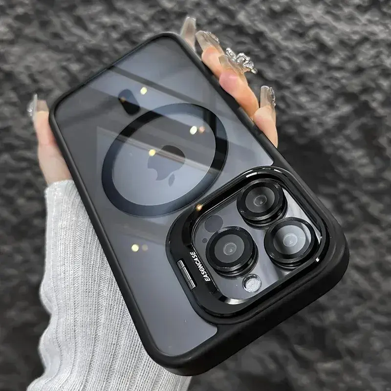 Magsafe Luxury Case for iPhone 15 14 13 12 16 Pro Max 14 15 Plus with Lens Protection, Magnetic Cover, Shockproof Protection & Take Metal Ring Stand Black Protective ip16 phone case Protector Casing Smartphone Cellphone