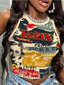 Vintage Poster Print Women's Casual Sleeveless Vest, Fitted Plain Design, All Seasons Wear, Comfortable and Stylish